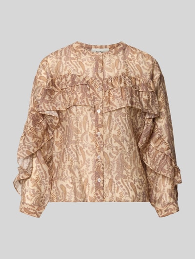 Produktfoto, Regular Fit Bluse mit Volants Modell 'TUNELLA' von Bash, mieszanka lyocellu, okrągły dekolt, wzór beżowo-brązowy, krój regular fit, długość tyłu w rozmiarze S: 58 cm, długość rękawów w rozmiarze S: 57 cm