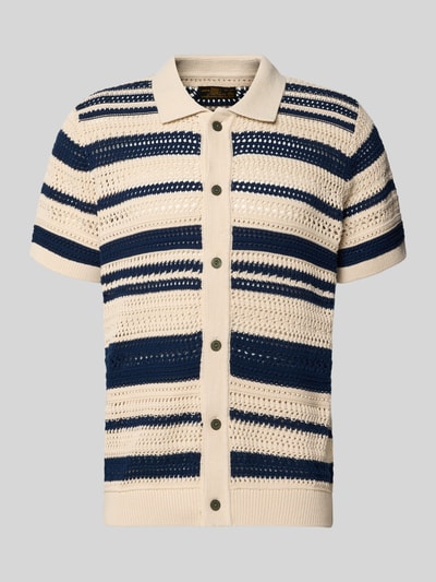 Produktfoto, Modern Fit Freizeithemd in Strick-Optik mit Knopfleiste von Jack & Jones Premium, reine gewachste Baumwolle, Modell 'BLUHAMILTON', Kentkragen, kurzes Hemd in Beige mit marineblauen Streifen, Struktur-Muster, Größe M, Rückenlänge 72 cm, Ärmellänge 23 cm