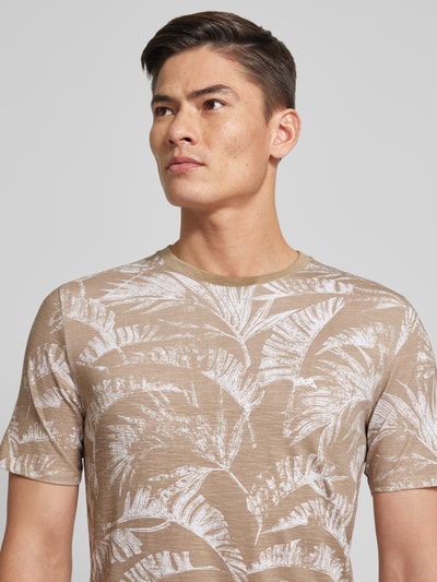 Lindbergh T-shirt met all-over motief, model 'Slub' Zand - 3