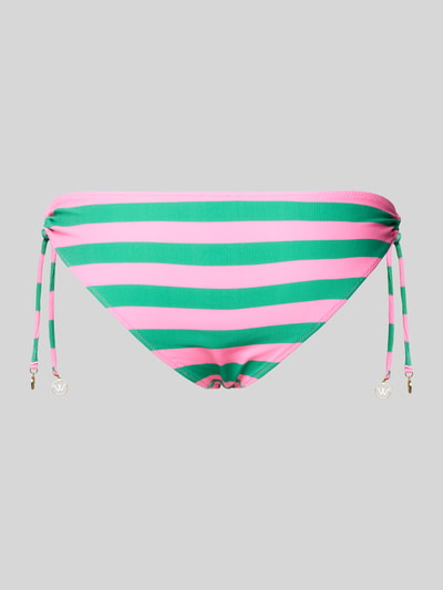 Produktfoto, Bikini-Slip im Allover-Look mit seitlicher Schnürung von WATERCULT, rosa-grün gestreift, elastischer Bund, strukturierte Oberfläche, körpernahe Passform, Material-Mix mit Stretch-Anteil.