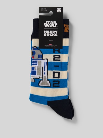 Produktfoto, Socken aus Baumwoll-Mix Modell 'R2-D2' von Happy Socks, blau-weiße Streifen, R2-D2-Motiv, Label-Detail sichtbar.