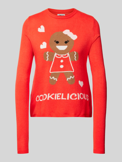 Only Gebreide pullover met ronde hals, model 'XMAS COOKIES' Rood - 2