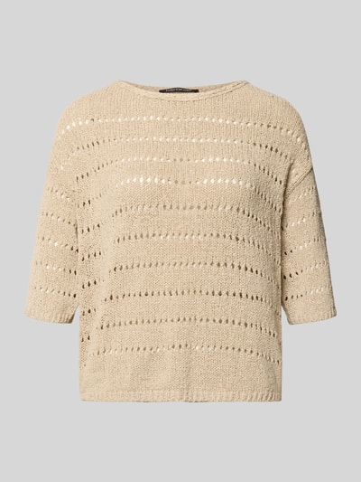 Produktfoto, Strickpullover mit 1/2-Arm von Luisa Cerano in Beige, aus Baumwoll-Mix, relaxed Fit, Lochmuster, Rundhalsausschnitt, Vorderansicht.