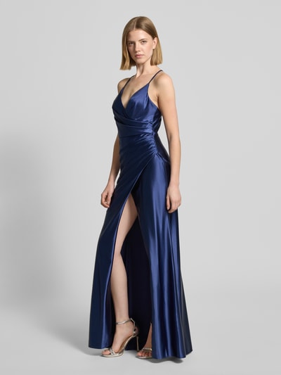 LUXUAR FASHION Długa sukienka z satyny z drapowaniami i rozporkiem Ciemnoniebieski 1