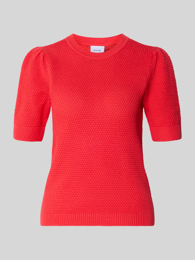 Produktfoto, Slim Fit T-Shirt in Strick-Optik Modell 'Vidalo' von Vila, rote Baumwolle, kurze Ärmel, Rundhalsausschnitt, strukturierte Oberfläche