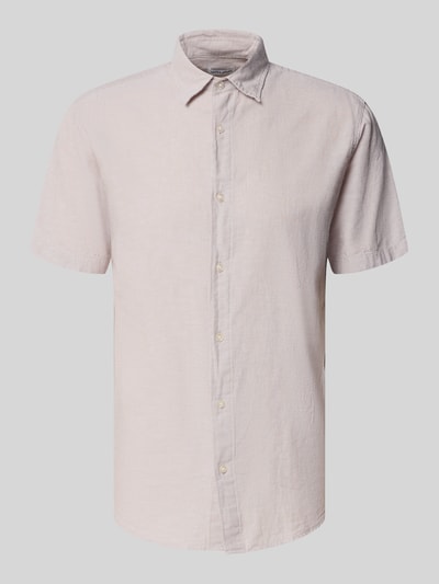 Produktfoto, Regular Fit Freizeithemd aus Baumwoll-Leinen-Mix von Jack & Jones in hellem Beige, glatte Textur, Kentkragen, Knopfleiste, Modell BREEZE, Rückenlänge 76 cm, Schulterbreite 50 cm, Ärmellänge 26 cm