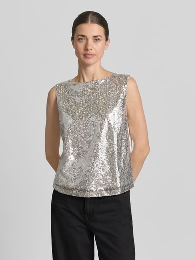 Vrouwenmodel draagt Blusentop met Paillettenbesatz van More & More, zilver, rechte fit, ronde hals, katoenmengsel, vooraanzicht bovenlichaam