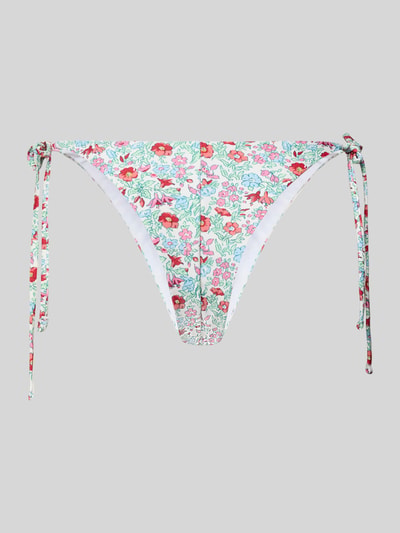 Produktfoto, Bikini-Höschen mit wzorem na całej powierzchni, przewaga kolorów czerwonego, zielonego i bieli, wiązany detal, Bikini-Höschen 'Bikini-Oberteil mit Allover-Muster Modell 'BAOMI'' od Pieces, zapięcie: wiązanie po bokach, delikatny materiał