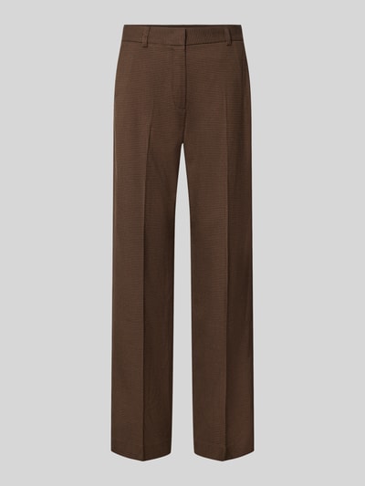 Produktfoto, Straight Fit Anzughose mit Viskose-Anteil von MYON in Braun, feines Muster, elastischer Material-Mix, Gürtelschlaufen, Eingriff- und Gesäßtaschen, Knopf- und Reißverschluss, Damenmode