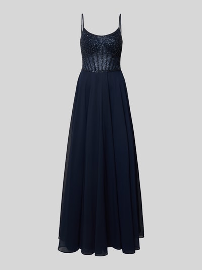 Produktfoto, Abendkleid mit Pailletten und Spaghettiträgern von Hey Kyla in Dunkelblau, taillierter Schnitt, Chiffon, Maxilänge, strukturierte Textur