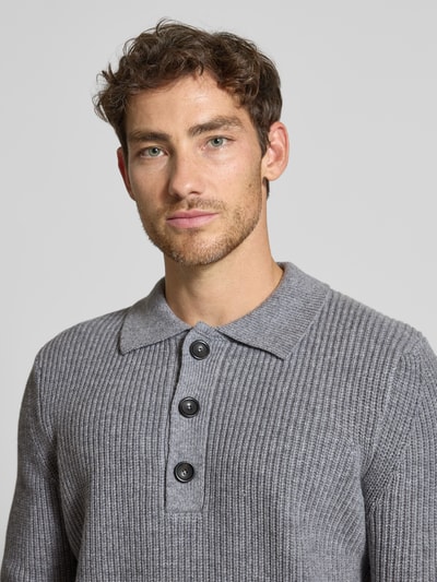 bugatti Gebreide pullover met platte kraag en knoopsluiting Middengrijs - 3