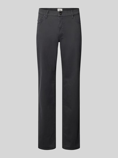 Produktfoto, donkergrijze stoffen broek van katoen- en viscosemix model 'Cadiz' van Brax, rechte pijpen, heren stoffen broek