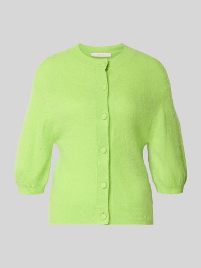 Produktfoto, Strickjacke aus Kaschmir-Baumwoll-Mix mit 1/2-Arm von HERZENS, leuchtendes Grün, Rundhalsausschnitt, Knopfleiste, Regular Fit