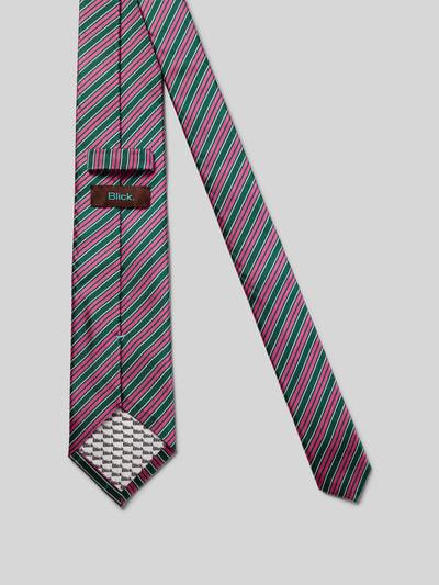 Produktfoto, Krawatte aus Seide mit Allover-Muster von Blick in klassischer Form, Label-Patch, Einstecklasche, 8 cm Breite, grün-rosa gestreift.