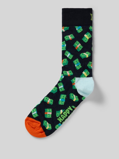 Produktfoto, Socken aus Baumwoll-Mix Modell 'Money Money' von Happy Socks, bunt gemustert mit Geldmotiven, Kontrastspitzen, elastisches Rippenbündchen, Label-Detail.