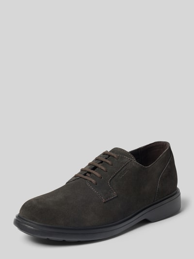 Produktfoto, Schnürschuhe aus echtem Leder Modell 'Ottavio' von Geox, schwarze Farbe, abgerundete Form, glatte Textur, Logo-Prägung, Absatzhöhe 4 cm, Schafthöhe 7 cm, Schaftweite 11 cm, Herrenmodell