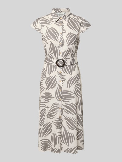 Produktfoto, Midikleid aus Viskose-Mix mit Leinen-Anteil von Apricot in Creme mit grauem, floralem Allover-Muster, Stoffgürtel, Knopfleiste.