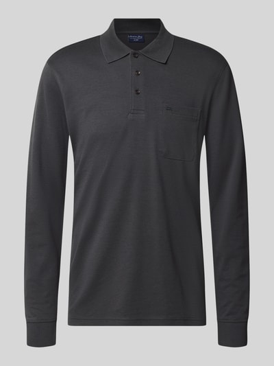 Produktfoto, Regular Fit Poloshirt mit katoenmix van Christian Berg Men, Materiaalmix, polokraag, borstzak, met lange mouwen, ruglengte bij maat M 70 cm, donkergrijs, effen structuur