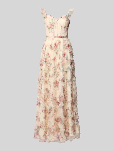 Produktfoto, Maxikleid mit Rüschen im Stufen-Look von Unique, kremowy w kwiatowy wzór, A-linia, allover, długość tyłu 137 cm, szerokość w rozmiarze 36: 35 cm