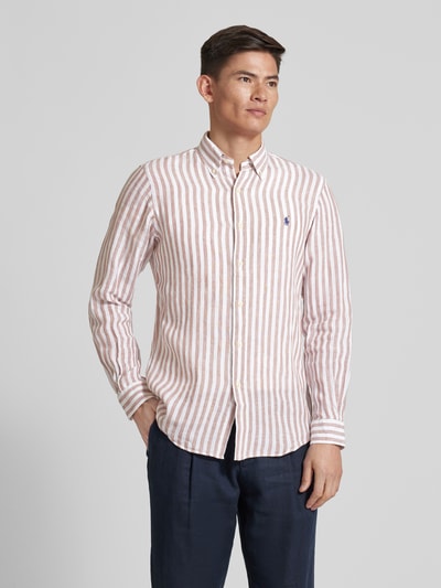 Polo Ralph Lauren Koszula lniana o kroju custom fit ze wzorem w paski Khaki 4