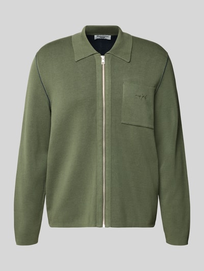 Produktfoto, Regular Fit Cardigan aus Baumwoll-Mix von Marc O'Polo Denim in Optik: Unifarben mit Reißverschluss, Label-Schriftzug, Kontraststreifen, Polokragen, Langarm, aufgesetzter Brusttasche, Feinstrick, Materialverarbeitung: Baumwoll-Mix