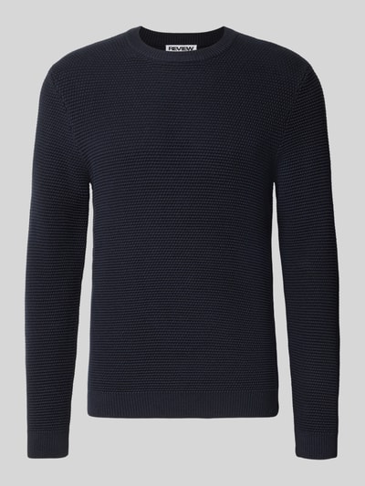 Produktfoto, dunkelblauer Regular Fit Strickpullover aus reiner Baumwolle von REVIEW mit gerippten Abschlüssen und gerippter Blende, Langarm