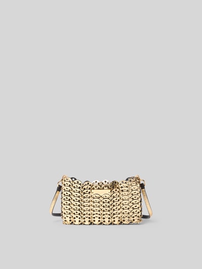 Produktfoto, Handtasche mit Paillettenbesatz von Rabanne, Damen Handtasche mit offenem Hauptfach, Schulterriemen, Breite 19 cm, Länge 10 cm, Tiefe 3 cm, goldfarbene Pailletten, strukturierte Oberfläche, dezente rechteckige Form.