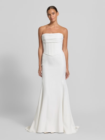 Modelka kobieca nosi 'Abendkleid im Off-Shoulder-Look' od LUXUAR FASHION, biały, dopasowany krój slim fit, sukienka maxi, sukienka gorsetowa, Szerokość w rozmiarze 36: 40 cm, długość pleców w rozmiarze 36: 159 cm, gładka tekstura, widok całej sylwetki z przodu.