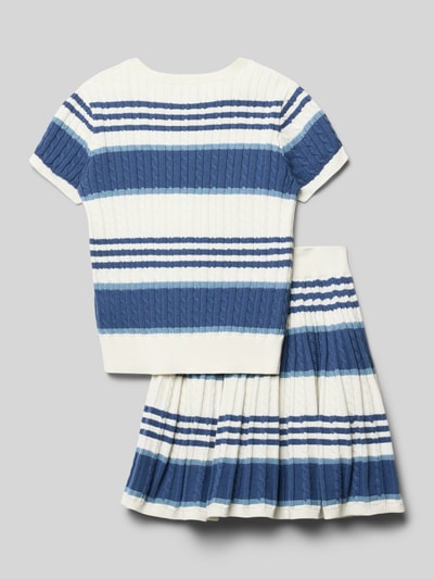 Productfoto, Regular Fit Pullover en rok van zuivere katoen in set van Polo Ralph Lauren Teens met structuur- en kabelpatroon, gestreept, elastische tailleband, mini-lengte, rondhals, halve mouw, met logo-stitching, gebreid.