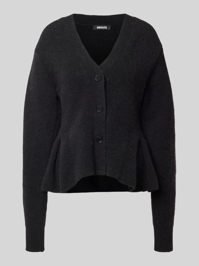 Produktfoto, Relaxed Fit Cardigan aus Alpaka-Mix von ROTATE in Schwarz, Strick-Optik, Volant-Saum, durchgängige Knopfleiste, Rückenlänge 56 cm bei Größe S, elastischer Alpaka-Mix mit Woll-Anteil.