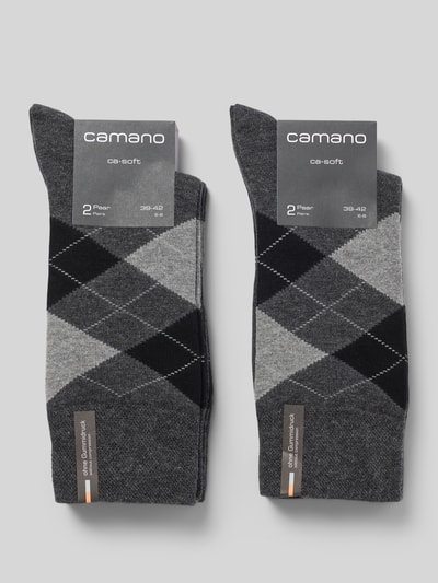 Produktfoto, Socken aus Baumwoll-Mix mit Logo-Stitching im 4er-Pack von camano, graues und schwarzes Argyle-Muster, elastischer Bund