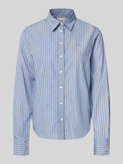 Produktfoto, Regular Fit Bluse mit Label-Stitching von Gant, blau-weiß gestreift, reine Baumwolle, Knopfleiste, Hemdblusenkragen