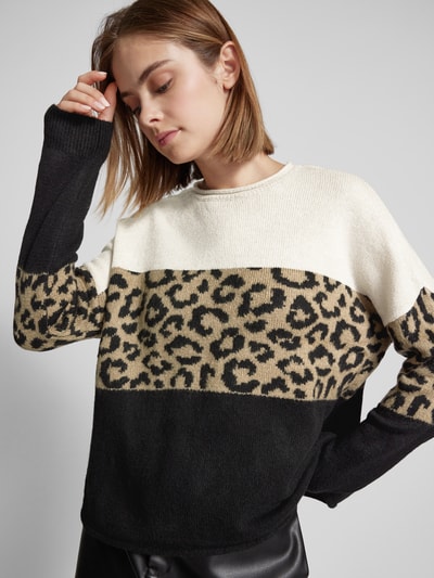 Only Regular fit gebreide pullover met dierenprint en colour blocking, model 'JADE' Taupe gemêleerd - 3