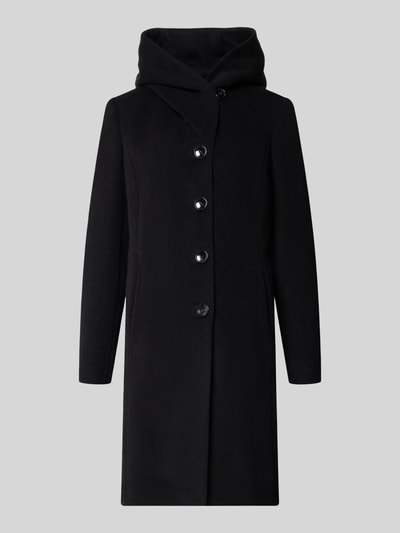 Produktfoto, schwarzer Mantel aus Schurwoll-Mix mit Kaschmir-Anteil, Modell 'Bella' von Milo Coats, glatte Oberfläche, fünf Knöpfe, Stehkragen, Regular Fit, seitliche Eingrifftaschen, klassisch geschnitten