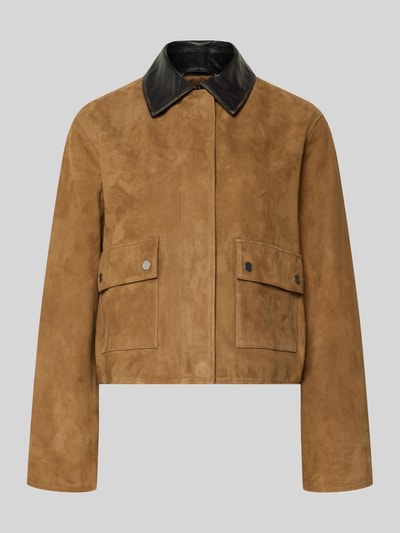 Productfoto, Veloursjacke mit Lederkontrastkragen van Jake*s Casual, velours, regular fit, contrastkraag, klepzakken, bruin-zwarte tinten.
