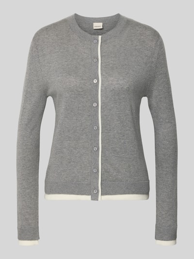 Produktfoto, Cardigan aus Leinen-Mix mit Rundhalsausschnitt von Stefanel, grau mit weißen Abschlüssen, Slim Fit, Knopfleiste, feiner Strick, Rückenlänge 56 cm, Ärmellänge 55 cm, Damen Cardigan mit Kaschmir-Anteil