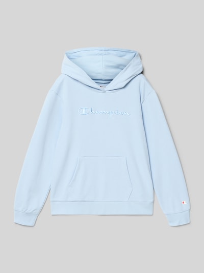 Produktfoto, Hoodie aus Baumwoll-Mix mit Label-Stickerei von CHAMPION, jasnoniebieski kolor, prosty krój, kaptur, kieszeń kangurka