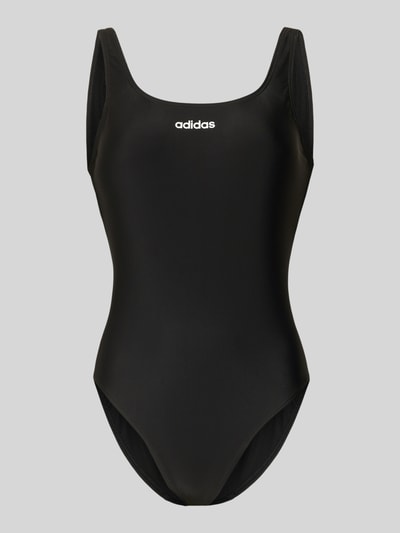 Produktfoto, Badeanzug mit Label Print von adidas Sportswear, Optik: Unifarben, Trägerform: schmale Träger, ohne Bügel, unwattiert, Label-Print, Logo-Print, U-Ausschnitt, tiefer Rückenausschnitt, glatte Oberfläche, schwarz
