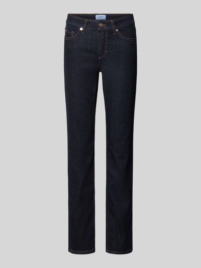 Produktfoto, ciemnogranatowe jeansy o prostym kroju, drobne kontrastowe przeszycia, tekstura bawełny, Slim Fit Jeans aus Baumwoll-Mix Modell 'PIPER LONG' von CAMBIO, Damen Slim Fit Jeans
