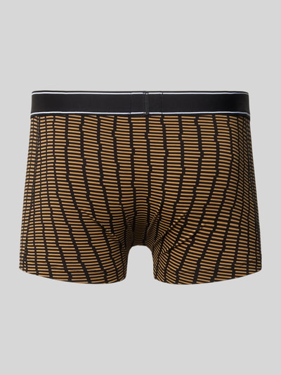 Produktfoto, obcisłe bokserki z mieszanki bawełny Trunks aus Baumwoll-Mix von BOSS, wzór w czarne linie na brązowym tle, kontekst: Herren Pant & Trunk von BOSS