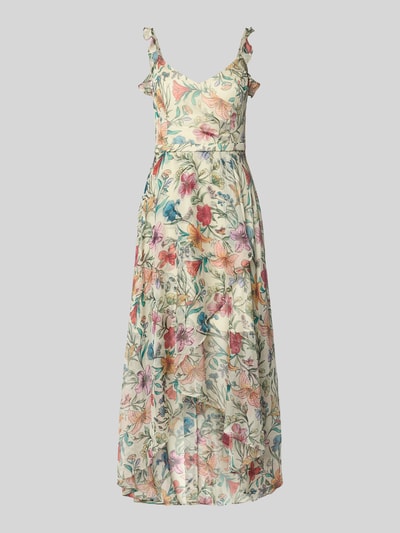 Produktfoto, Cocktailkleid mit Herz-Ausschnitt von V.M., Maxikleid mit taillierter Passform und Volants, florales Muster, Reißverschluss auf der Rückseite, Rückenlänge bei Größe 36: 140 cm, Brustweite bei Größe 36: 42 cm