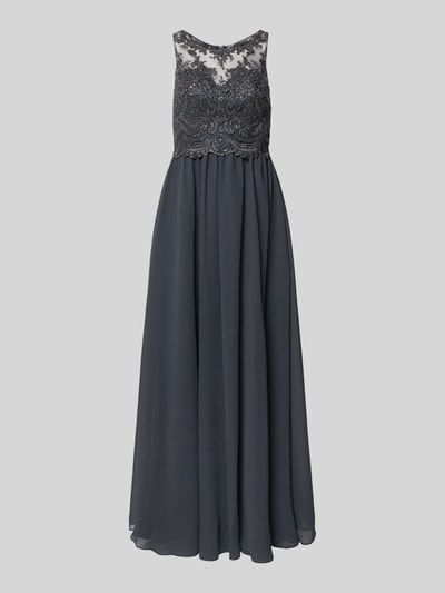 Produktfoto, Abendkleid mit Ziersteinen und floralen Stickereien von LAONA, dunkelgrau, taillierte Passform, doppellagiger Rock, Rundhalsausschnitt