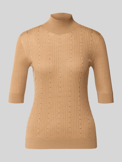 Produktfoto, Slim Fit Longsleeve aus reiner Lanawolle Modell 'Maglia Costine' von Liu Jo White in hellem Beige, feine Rippenstruktur, halbtransparenter Look, Stehkragen, 1/2-Arm