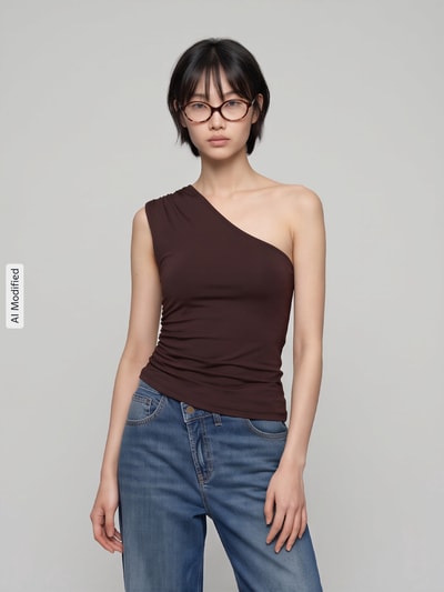 PIECES Blusentop mit One Shoulder-Ausschnitt Dunkelbraun 4