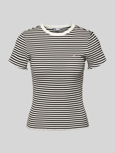 Produktfoto, Slim Fit T-Shirt aus Baumwoll-Mix von Tommy Hilfiger, Optik: Gestreift, Logo-Detail, Rundhals, Feinripp-Struktur, Kurzarm, Frill an Ärmeln und Rumpfabschluss