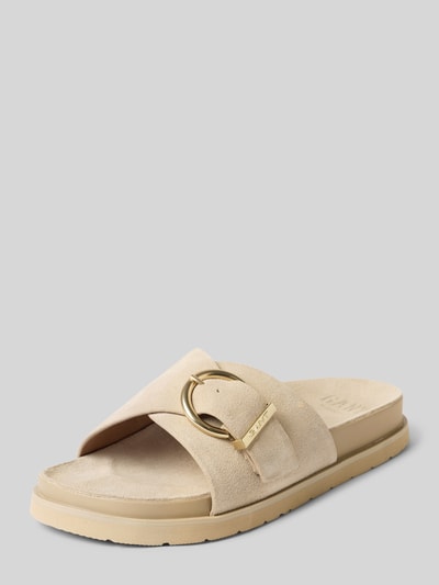 Produktfoto, Slippers aus echtem Leder Modell 'Mardale' von Gant in Beige mit goldener Metallschnalle, offene Ferse, strukturierte Oberfläche