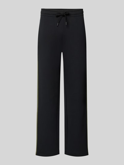 Produktfoto, Flared Fit Sweatpants aus Baumwoll-Mix von Paul Smith in Schwarz mit elastischem Bund, Gesäßtasche und farbigen Seitenstreifen.