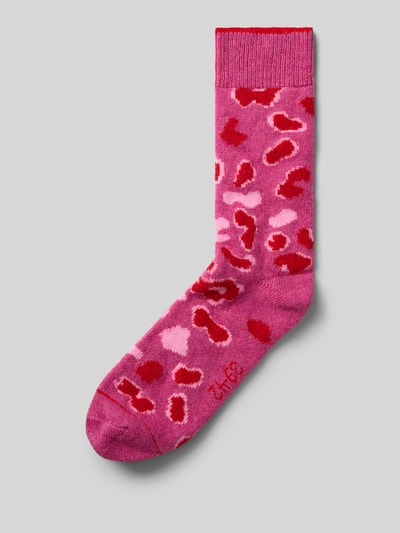 Produktfoto, Socken mit geripptem Abschluss von Unio in Pink-Rot mit abstraktem Muster, Baumwoll-Viskose-Mix mit Kaschmir-Anteil, körpernaher Schnitt