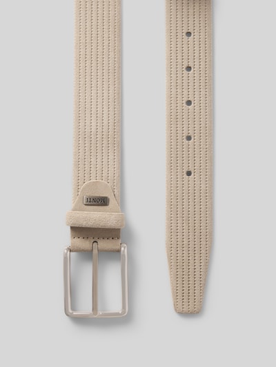 Produktfoto, Gürtel mit Strukturmuster Modell 'Calgary' von MONTI in Beige mit Logo-Detail, Dornschließe, 3 cm Breite bei Größe 90, Damen Gürtel