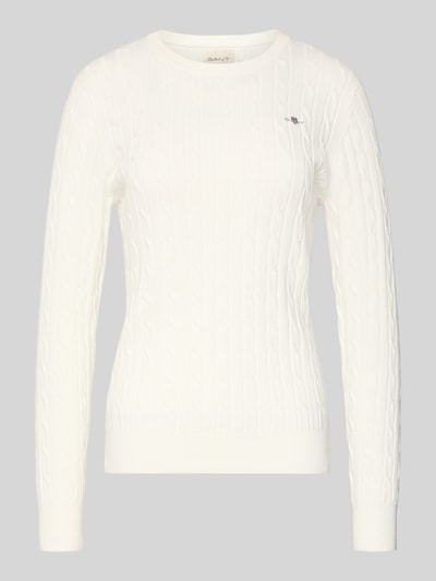 Produktfoto, Strickpullover mit Label-Detail van GANT, unief wit, structuurpatroon, ronde hals, geribde boorden, aansluitende pasvorm